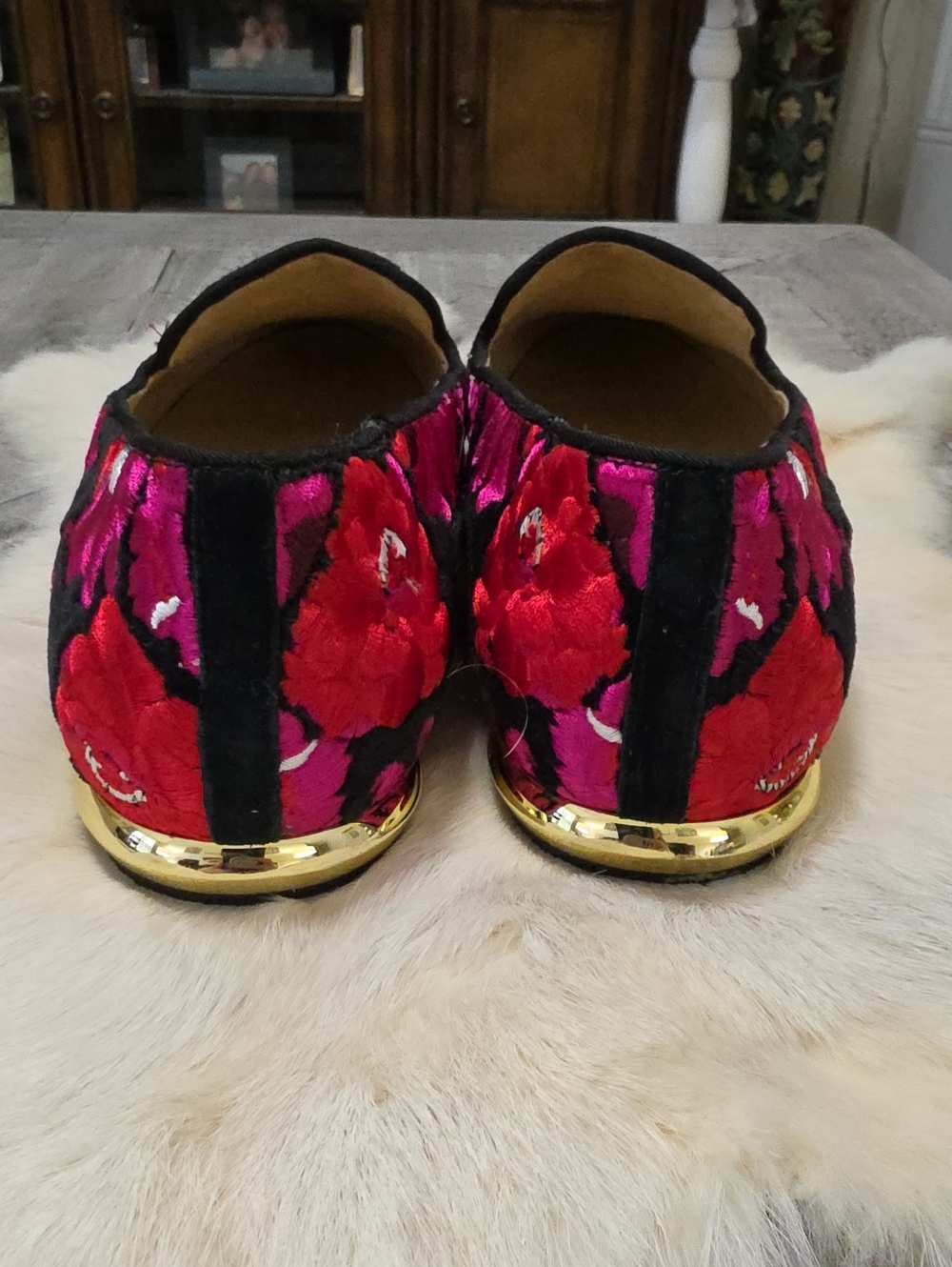 Talbots Black Plush Velvet Floral Loafers with Fuchsia and Red Embroidery - Picture 4 of 4